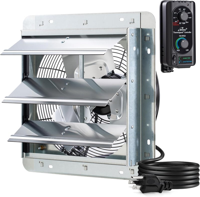 Iliving 12" Wall Mounted Shutter Exhaust Fan, Automatic Shutter, with Thermostat and Variable Speed controller, 0.6A, 960 CFM, 1400 SQF Coverage Area Silver (ILG8SF12V-ST) - Image 1